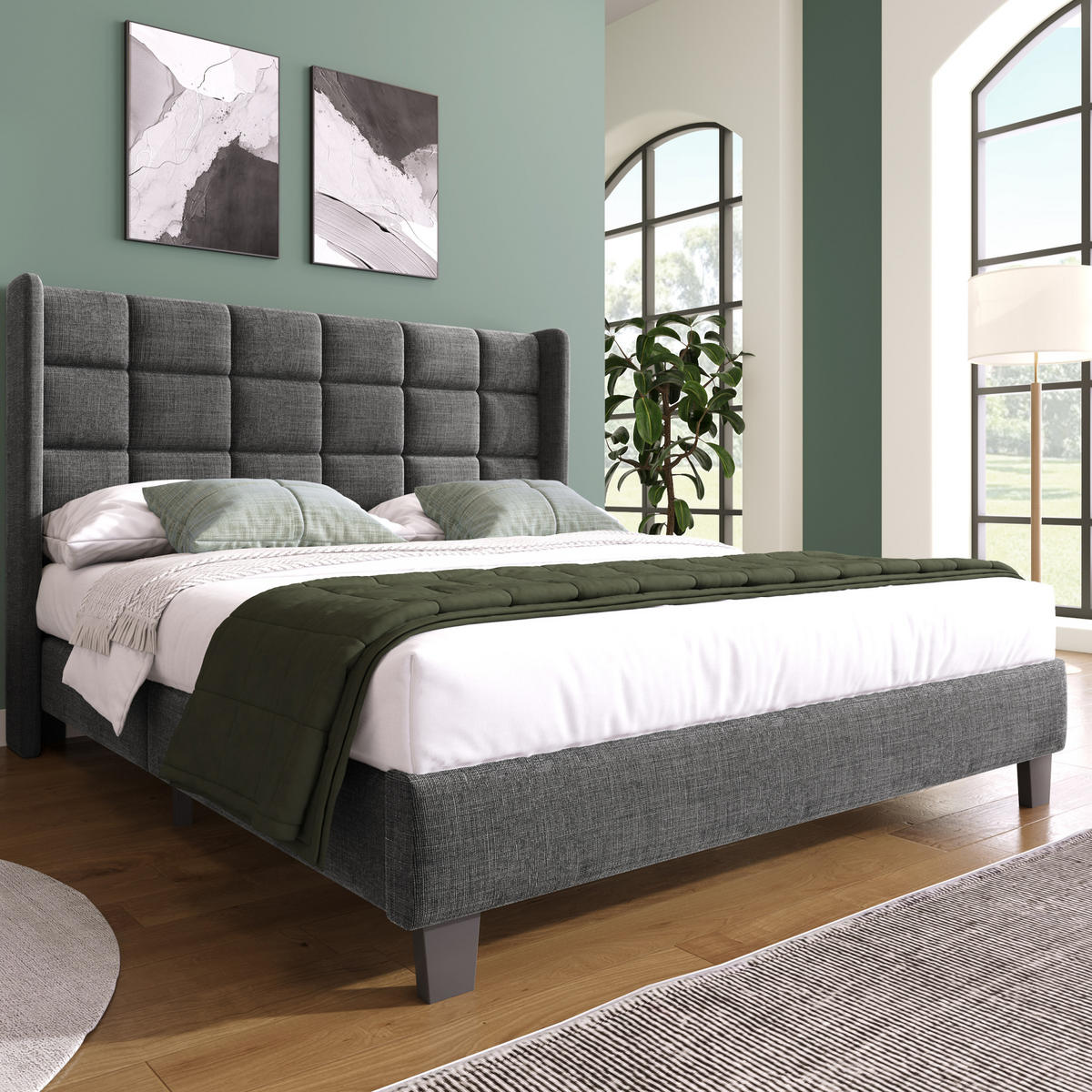 POLSTERBETT aus Leinen 140x200 cm Grau mit gepolstertem Kopfteil und Lattenrost - Grau, Textil (140/200cm) - IVMEU