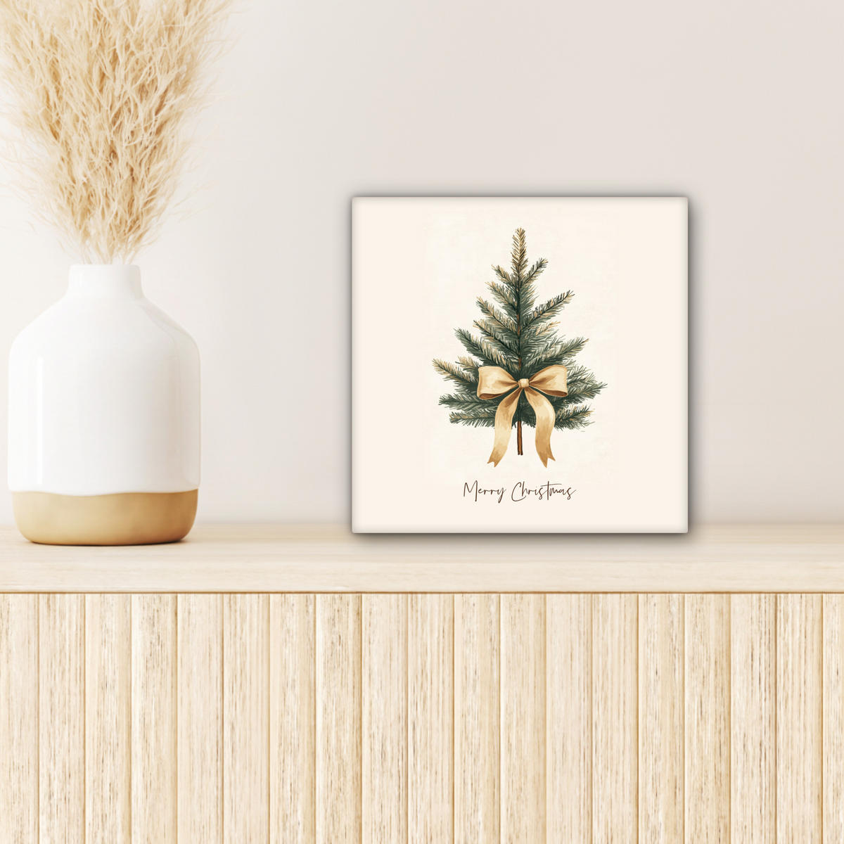 LEINWANDBILD Weihnachtsbaum - Weihnachten - Frohe Weihnachten - Beige Deko Wohnzimmer 20x20 cm - Sandfarben, Textil (20/20cm) - MuchoWow