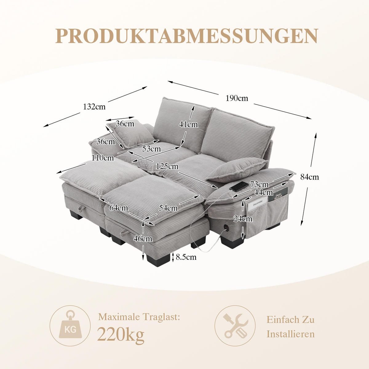 2-SITZER SOFA Cord Hellgrau mit Hocker und USB-C - Hellgrau, Holzwerkstoff/Kunststoff (190/84/132cm) - WISHDOR
