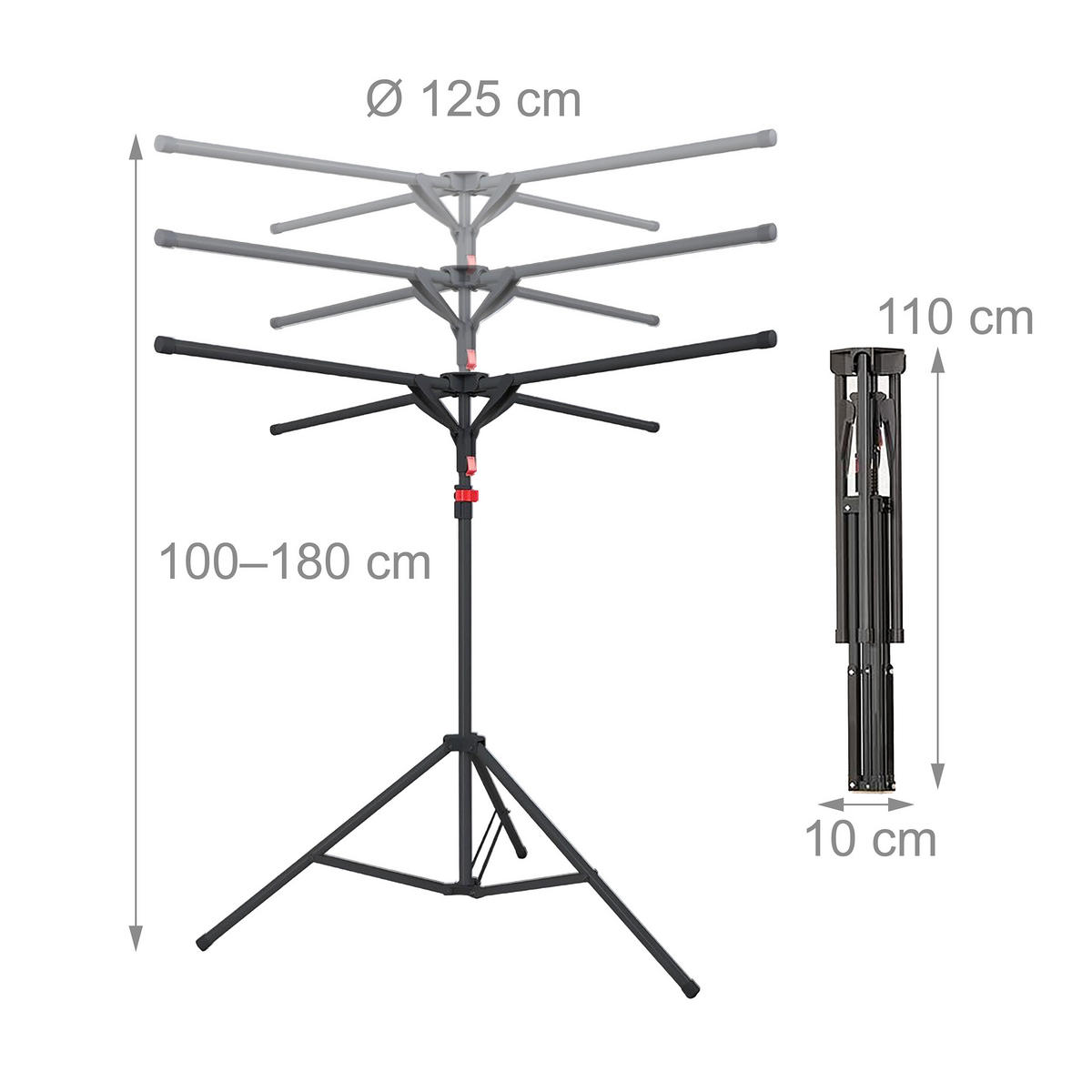 SKLADACÍ sušiak - čierna, kov/plast (125/180/125cm) - Relaxdays