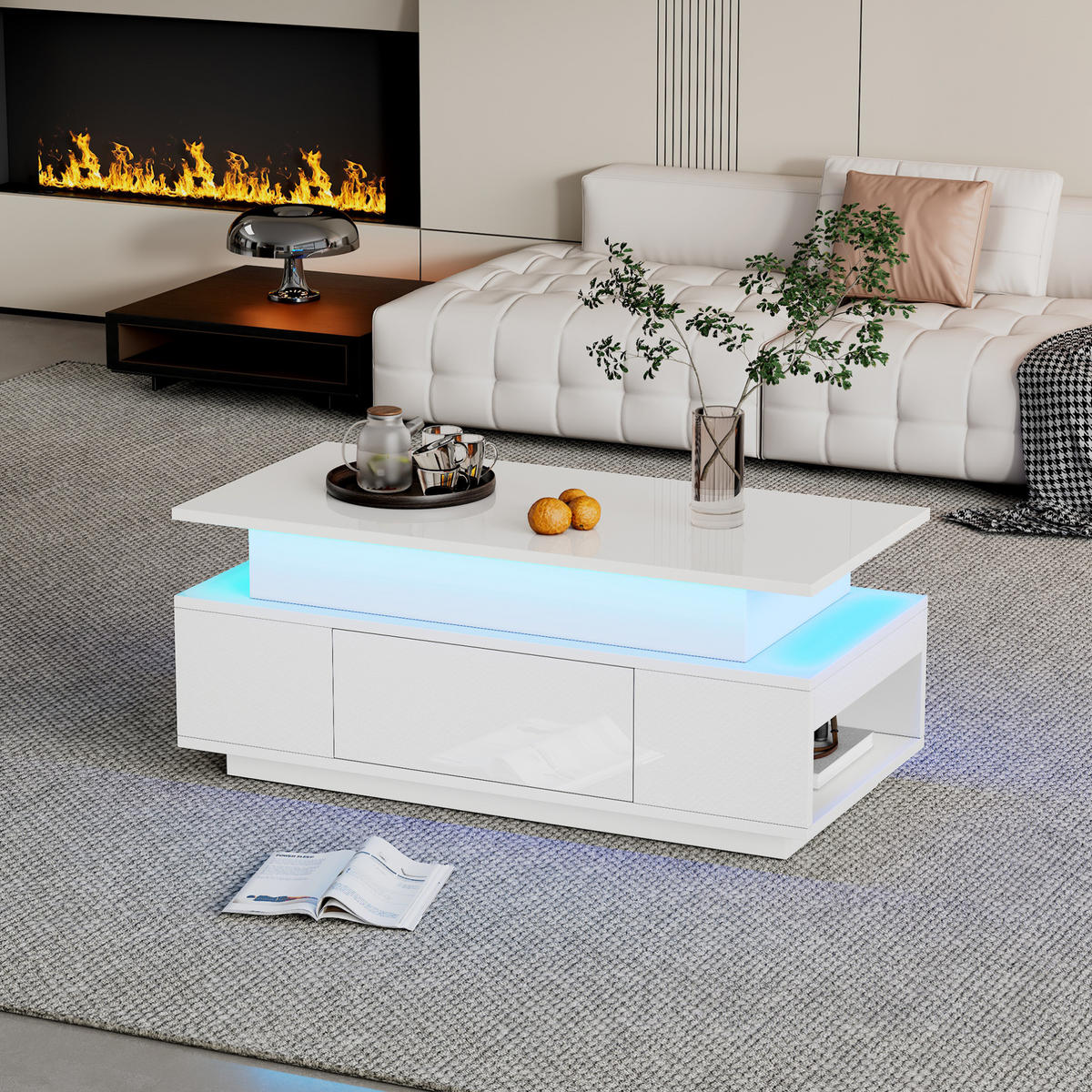COUCHTISCH höhenverstellbar 96 x 45 x 40 cm Weiß mit LED - Weiß, Holzwerkstoff (96/45/40cm) - Meubliv