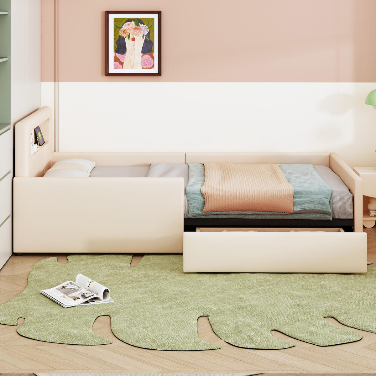 DETSKÁ posteľ 90/200 cm béžová z umelej kože s nočným svetlom USB a úložnými zásuvkami - béžová, textil (90/200cm) - OKWISH