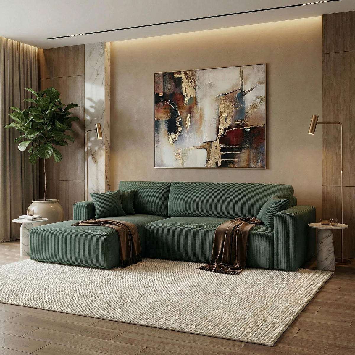 ECKSOFA PULA CORD GRÜN L - Links - Schwarz/Grün, Kunststoff/Textil (187/279cm) - Luxkor24