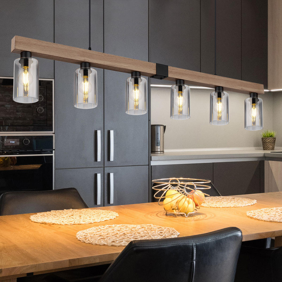 HÄNGELEUCHTE HADERA Metall Schwarz Holzoptik - Schwarz, Glas (140/10/120cm) - Globo Lighting