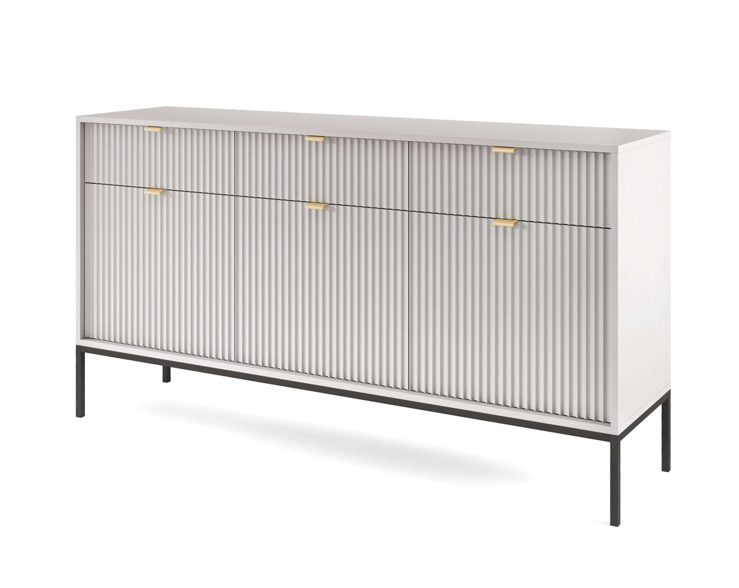 SIDEBOARD Eternas 3T 3S Grau 154/83/39 cm – schwarze Füße, mit geriffelten Fronten - Schwarz/Grau, Holzwerkstoff (154/83/39cm) - AX Living