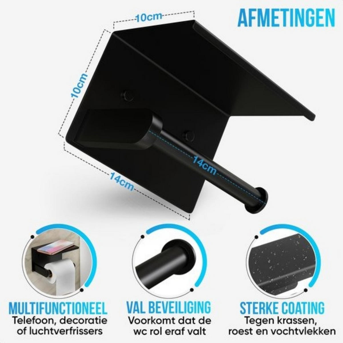 TOILETTENPAPIERHALTER Schwarz mit Ablage klebend oder Bohrung für Toilettenpapier - Schwarz, Metall (10/10/14cm) - MCBOSON