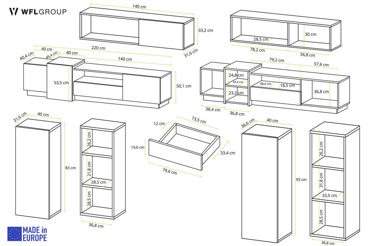 WOHNWAND Grida 4er Set in Weiß Matt mit Eiche Craft Hellbraun 220/54/45 cm - Weiß, Holzwerkstoff (300/180/45cm) - WFL GROUP