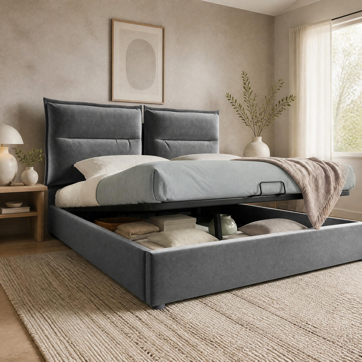 POLSTERBETT 140/200 cm in Grau mit Bettkasten und verstellbarem Kopfteil Samt - Grau, Holzwerkstoff/Textil (140/200cm) - CHICFURN