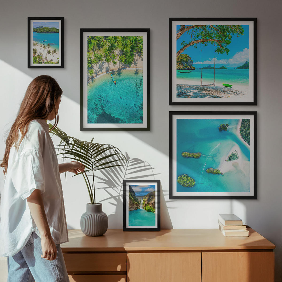 WANDBILDER 5er-Set - 50x50 cm & 20x30 cm & 40x60 cm Schwarzer Rahmen - Strände, Palmen, kristallklares Wasser - Schwarz, Kunststoff (40/60cm) - ArtPrintCave