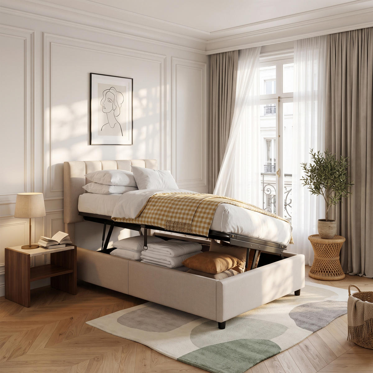 POLSTERBETT 90×200 cm mit bettkasten, hydraulisches stauraumbett, kinderbett mit hohes leinen-kastenbett, beige - Beige, Holz/Metall (90/200cm) - GENKI LIVING