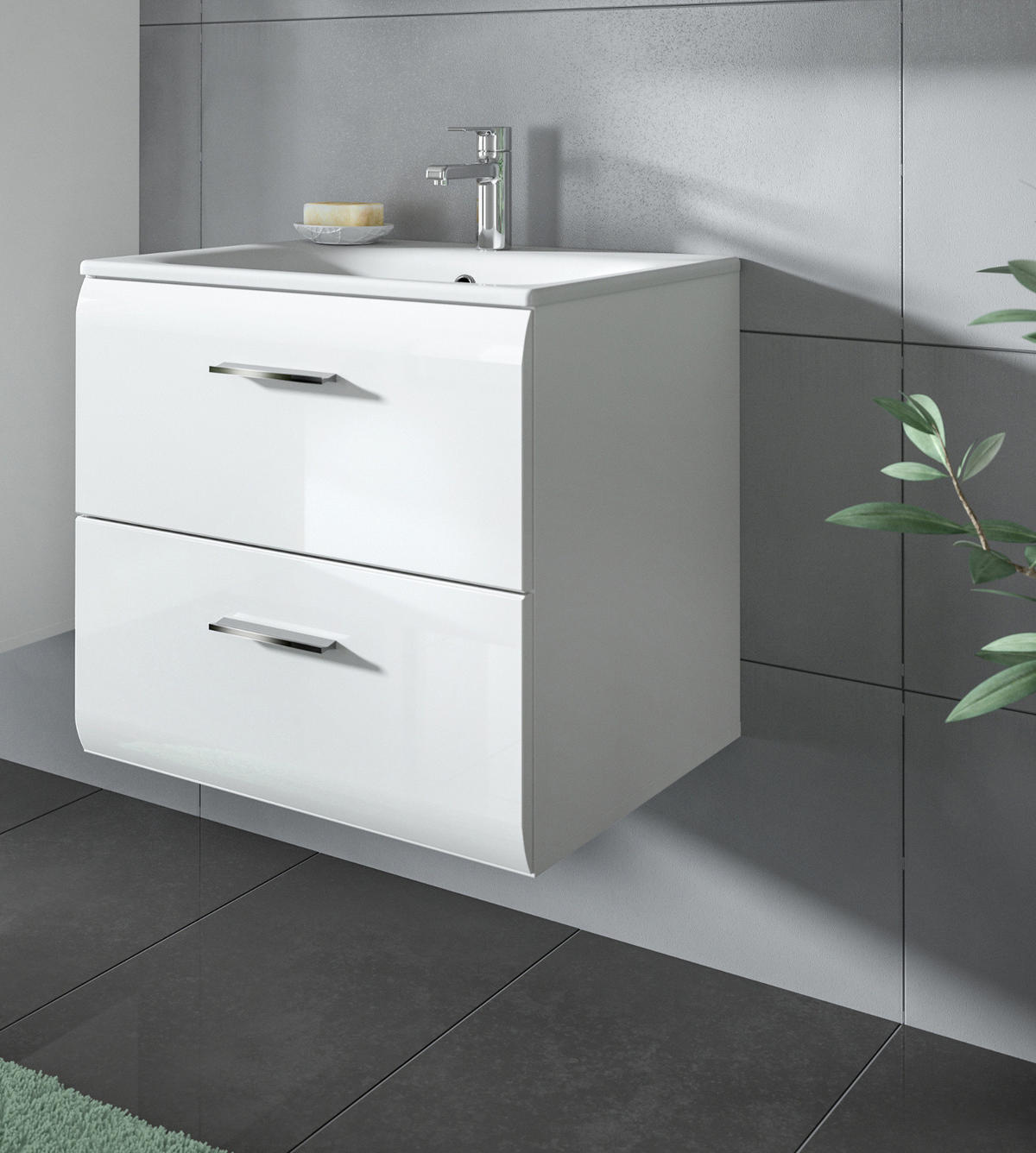 WASCHBECKENUNTERSCHRANK inklusive Waschbecken weiß Hochglanz, Waschtisch hängend - Weiß Hochglanz, Keramik/Holzwerkstoff (60/55/46cm) - Inn.Furn