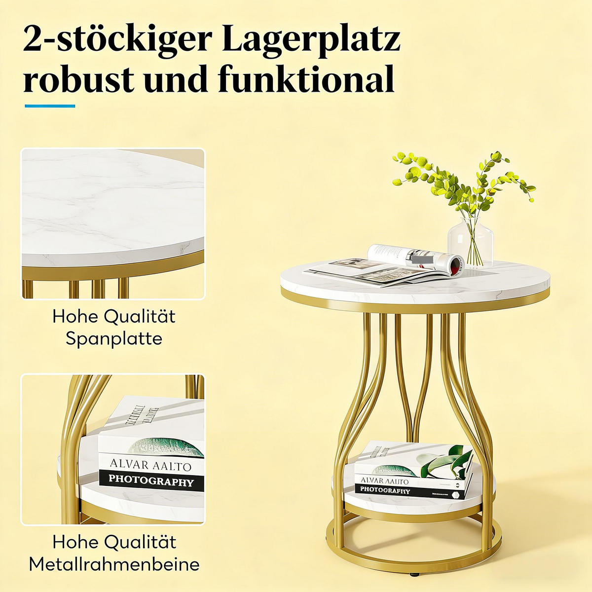 BEISTELLTISCH Gold/Weiß 50/50/60 cm - Goldfarben, Stein (50/50/60cm) - PANGIVO