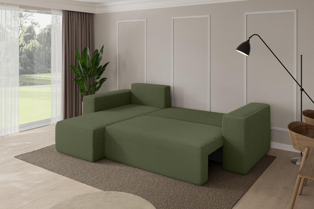 ROHOVÁ SEDAČKA s funkcí spaní, otoman vlevo SENO-L 249x139x85 zelená bouclé - černá/zelená barva, kompozitní dřevo/textil (249/139cm) - ALTDECOR
