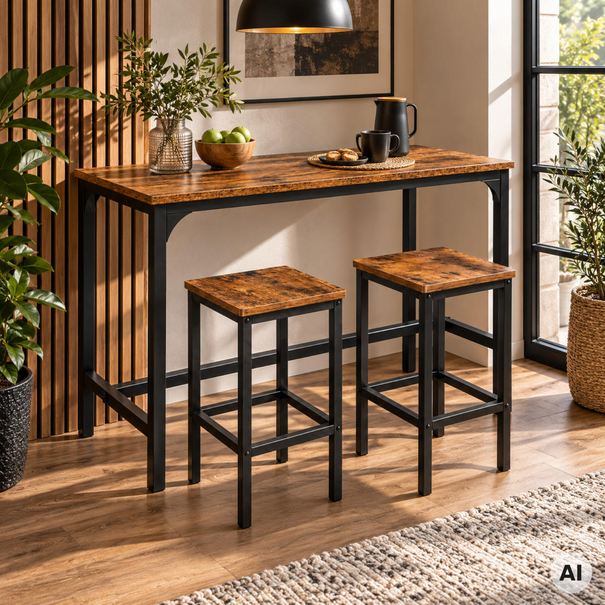 BARTISCH mit 2 Barhockern 3-teiliges Set Industrial Rustikal Braun Schwarz 108x50x90 cm - Dunkelbraun/Schwarz, Holzwerkstoff/Metall (108/90/50cm) - Begryf