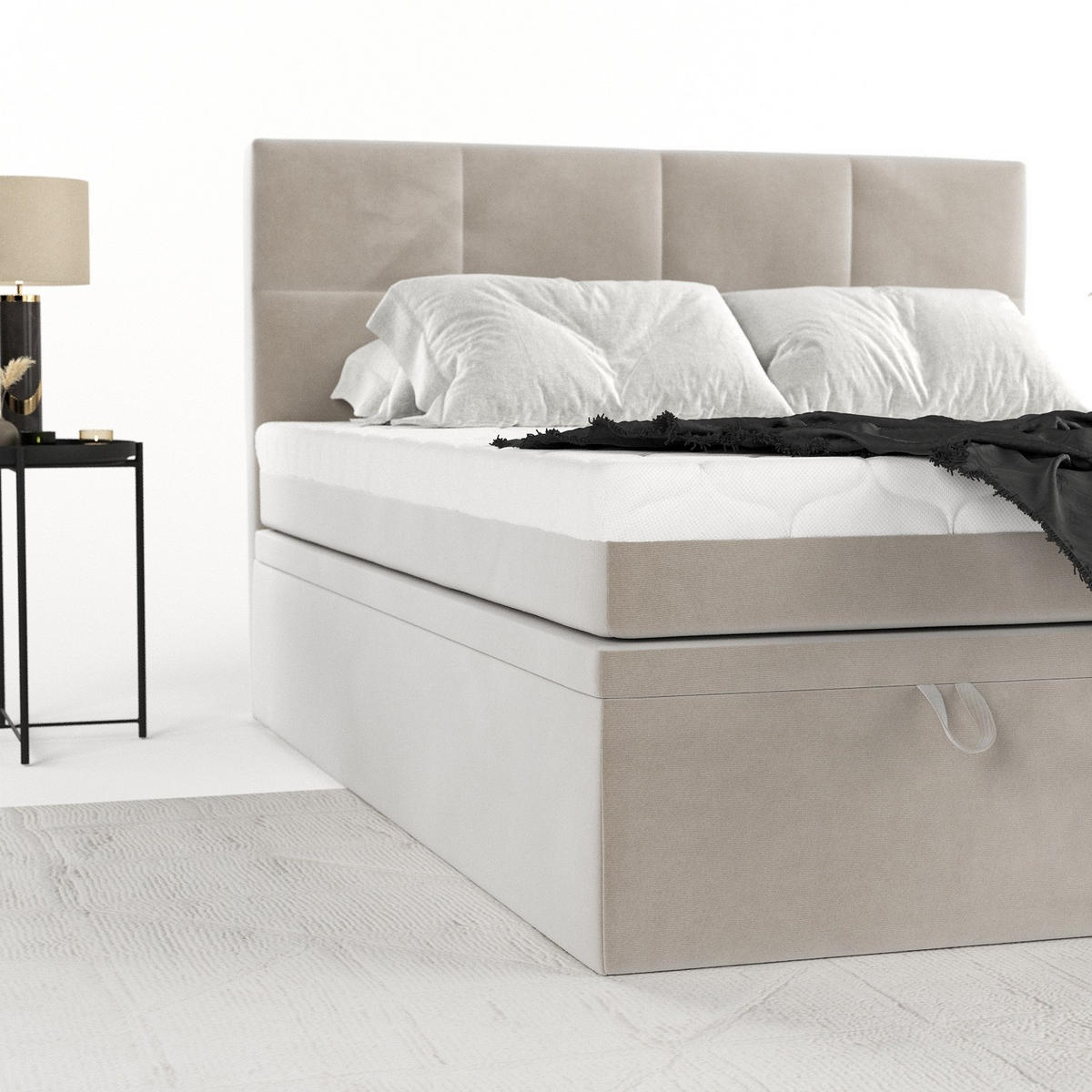 BOXBETT Tessa 140/200 cm Hellbeige im Paros Stoff - Beige/Schwarz, Holz/Holzwerkstoff (140/200cm) - AltaBeds