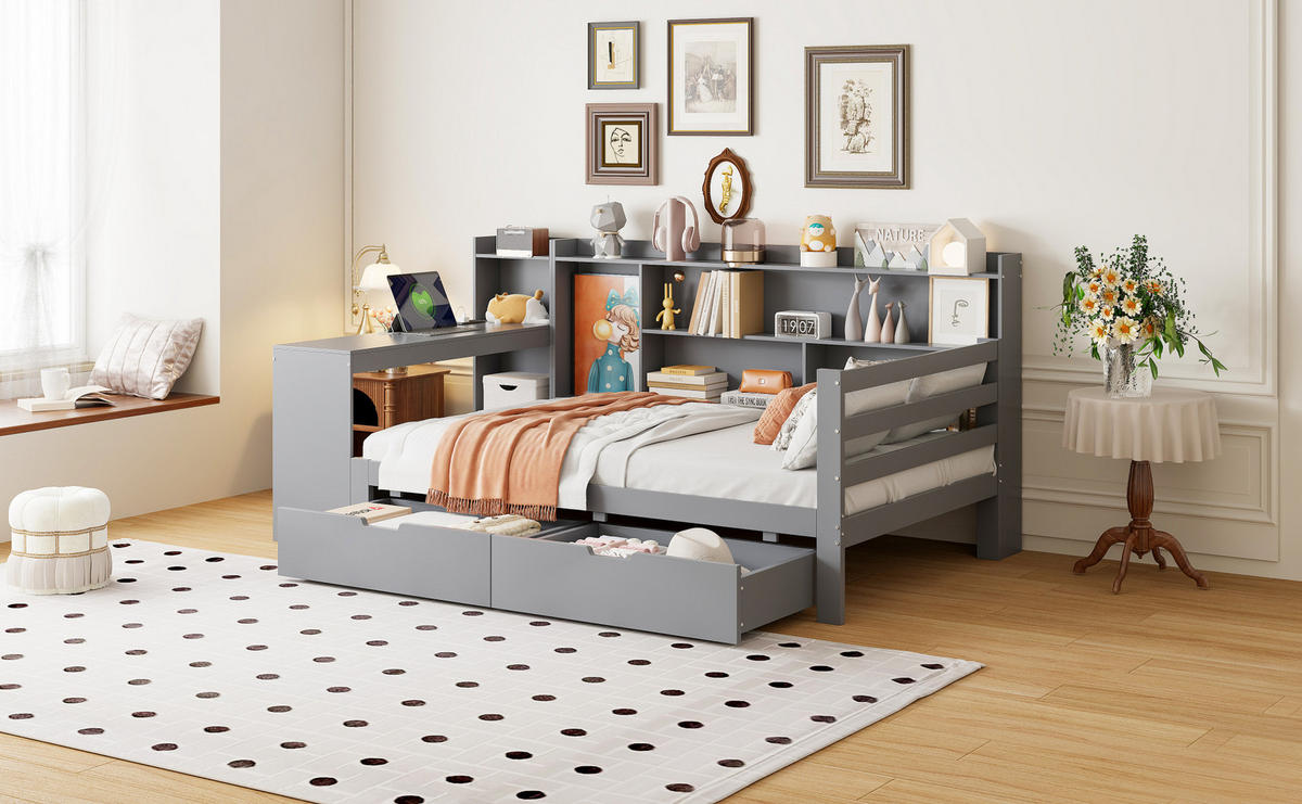 SCHLAFSOFA 90/200 cm mit Schreibtisch, Regalen, 2 Schubladen und USB-Steckdose, Grau - Grau, Holzwerkstoff (245.5/100/114.5cm) - Redom