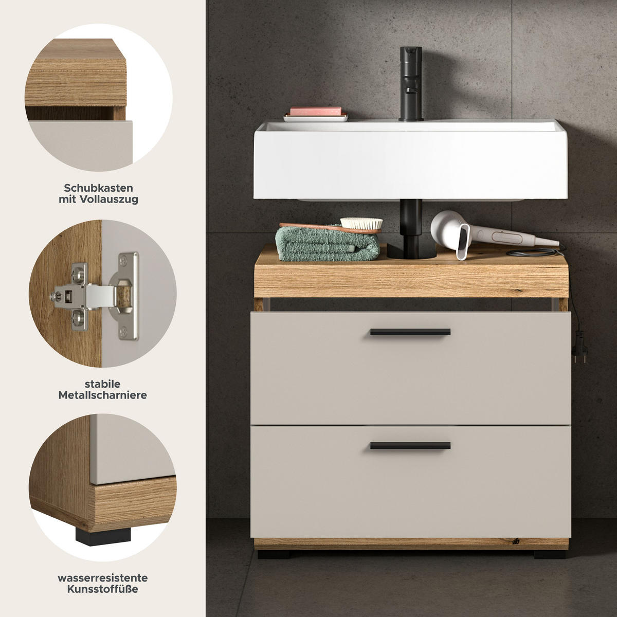 WASCHBECKENUNTERSCHRANK SCOUT (B/H/T: ca. 60/56/34 cm) in Evoak Oak Nachbildung/- - Eichefarben, Holz (60/56/34cm)