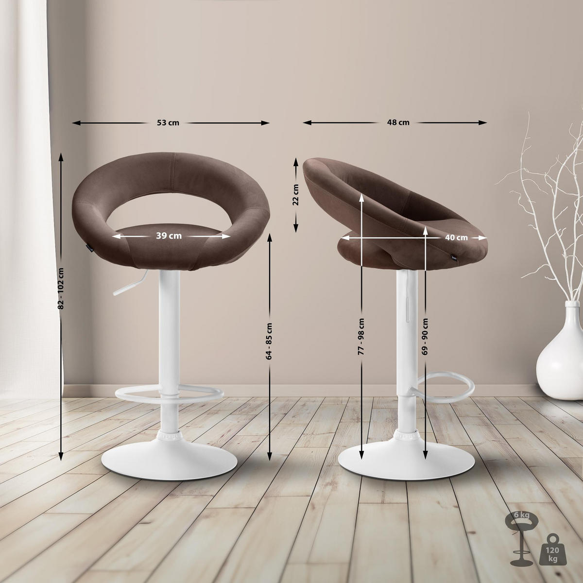 BARHOCKER Samt braun - Weiß/Braun, Textil/Metall (53/80/47cm) - CLP