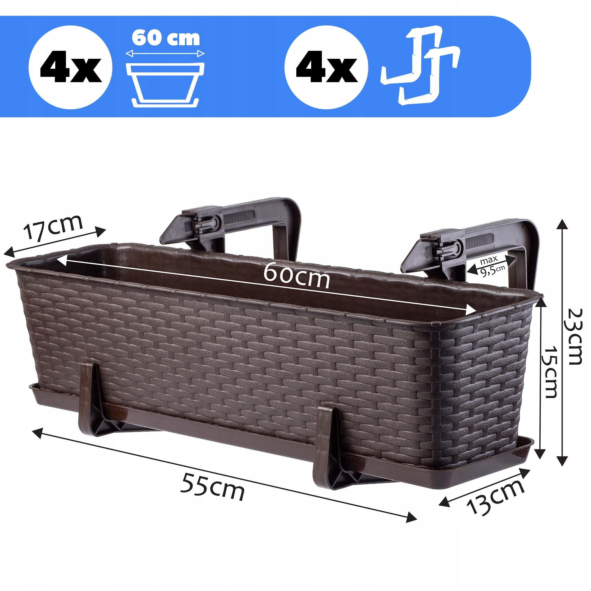 BALKONKASTEN mit Griffen, Braun, 60 cm, 4 Stk. - Braun, Kunststoff (17/60cm) - KADAX
