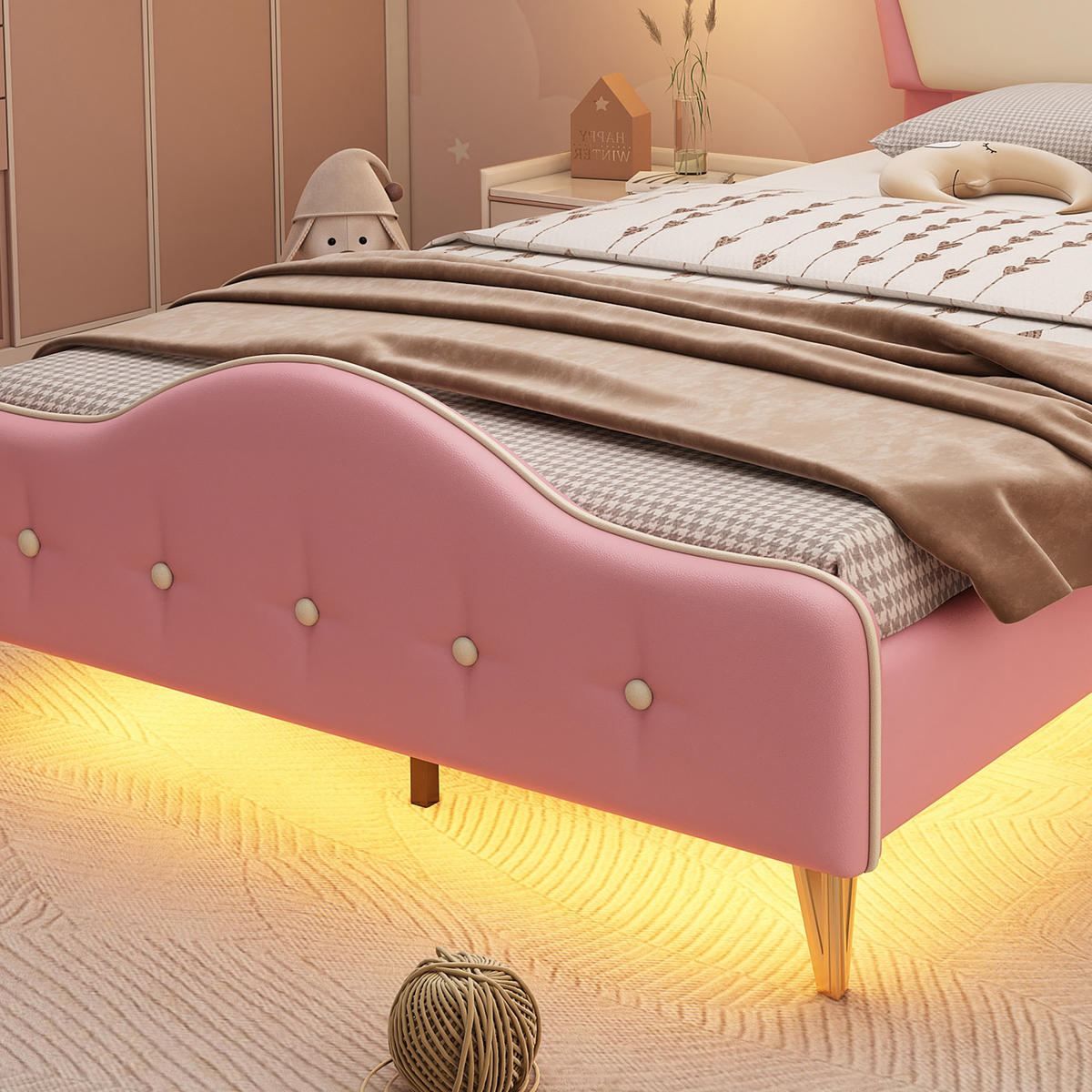 POLSTERBETT 90/200 cm Rosa Weiß mit LED-Beleuchtung und Kopfteil mit Krone - Weiß, Kunststoff (90/200cm) - OKWISH