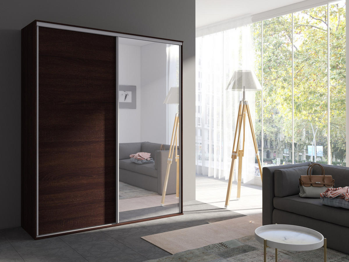 SCHIEBETÜRENSCHRANK - Kleiderschrank BORA 204 mit Spiegel - Schokolade - Braun, Holzwerkstoff (204/244/62cm) - Möblo