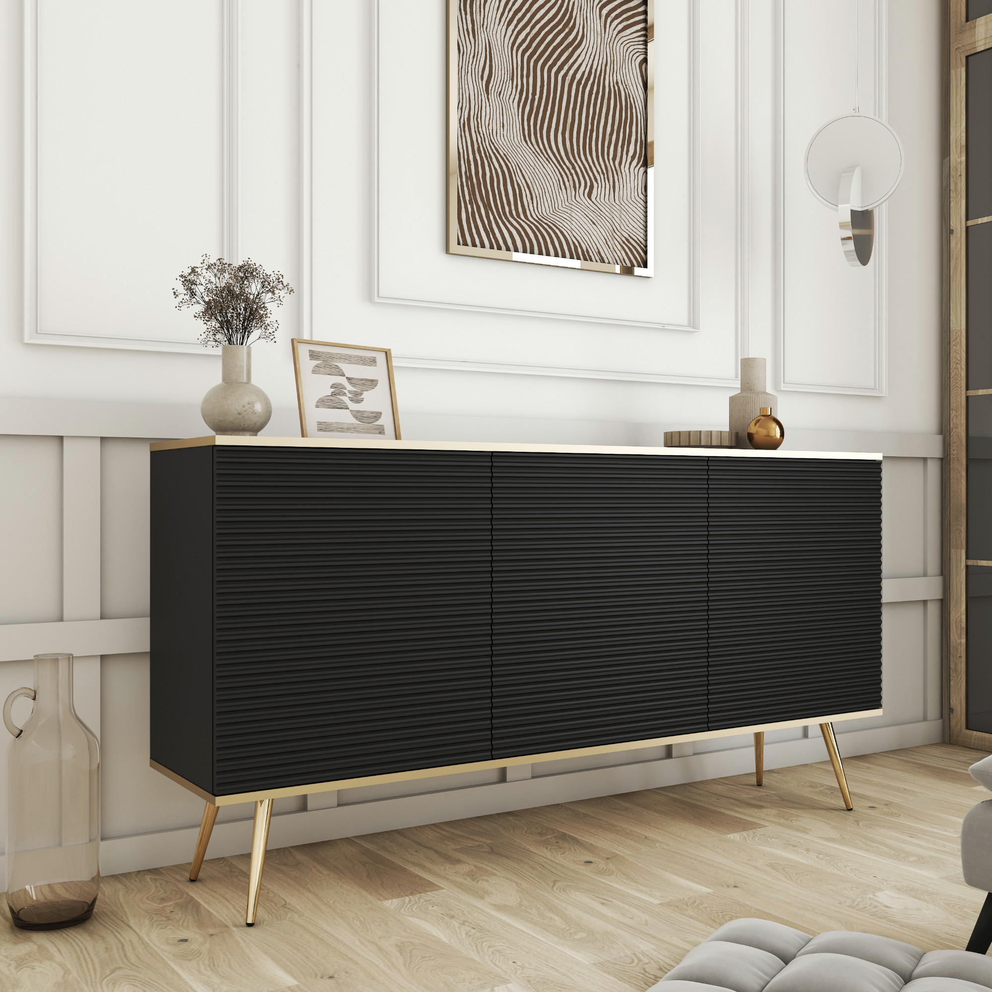 SIDEBOARD BANFF KOM2-3D Goldene Metallbeine, geriffelte Fronten, Schwarz - Schwarz, Holzwerkstoff/Kunststoff (160/85/39cm) - Komodee