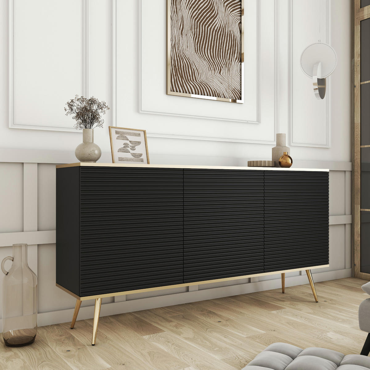 SIDEBOARD BANFF KOM2-3D Goldene Metallbeine, geriffelte Fronten, Schwarz - Schwarz, Holzwerkstoff/Kunststoff (160/85/39cm) - Komodee