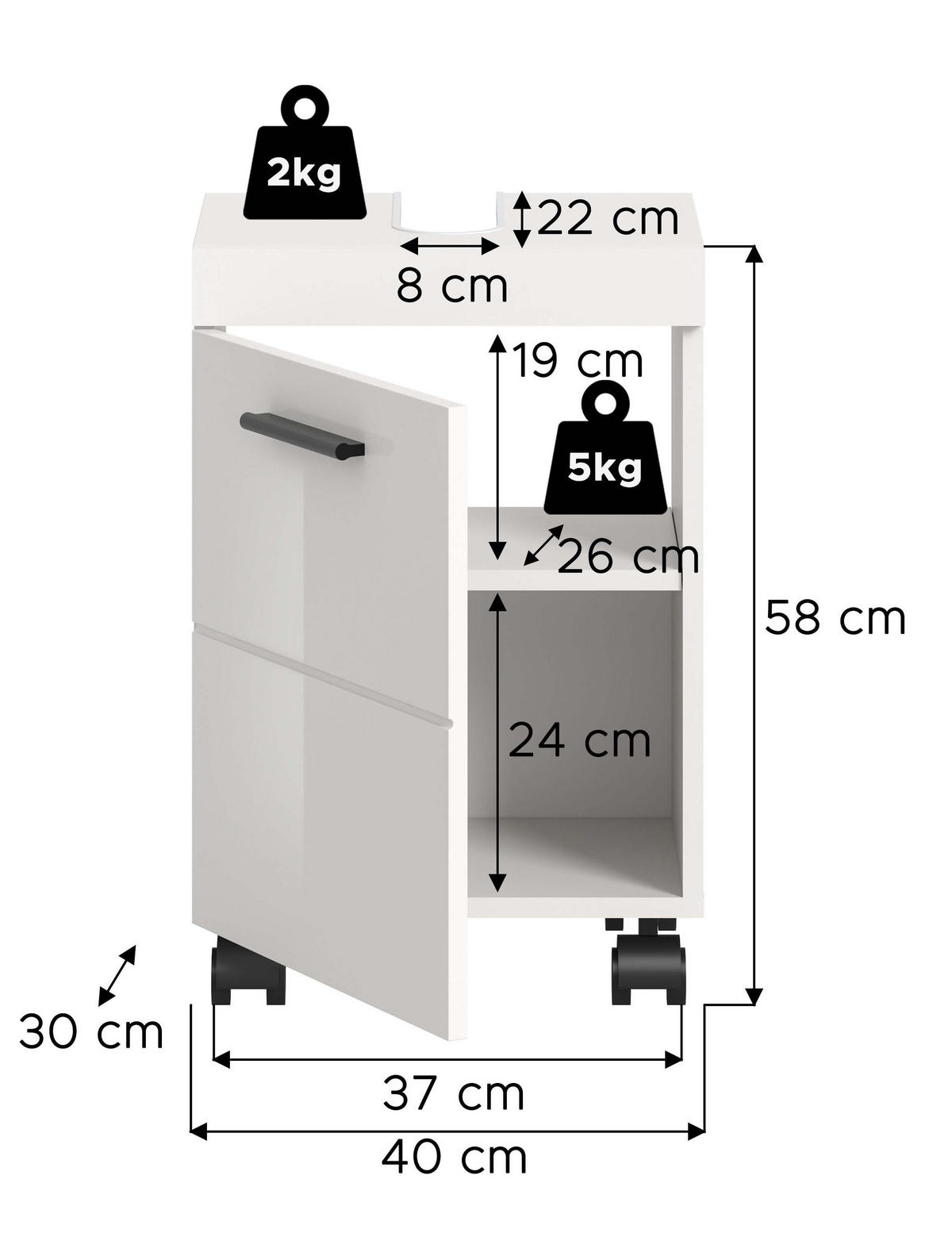 WASCHBECKENUNTERSCHRANK auf Rollen NOVA (B/H/T: ca. 40/58/30 cm) in Weiß/weiß hochglanz - Weiß, Holzwerkstoff (40/58/30cm)