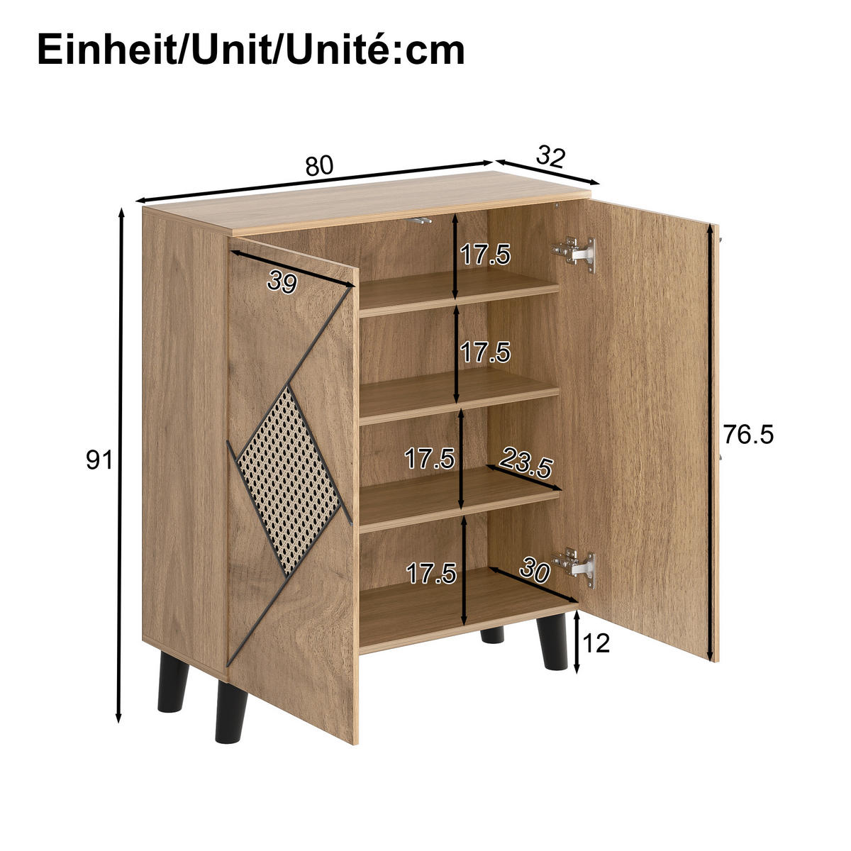 SCHUHSCHRANK in Naturfarben Schuhkommode mit Rattanmuster, 2 Türen und Ablagefläche für Eingangsbereich, B80/T32/H91cm - Schwarz/Naturfarben, Holzwerkstoff/Metall (80/91/32cm) - STILVORA