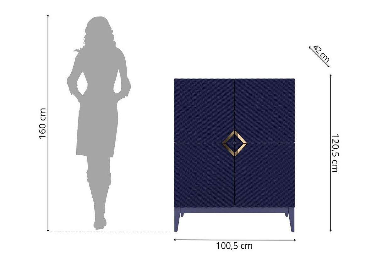 HIGHBOARD Demi High, Marinblau-Gold, Mit Gefrästen Fronten, Massive Buche - Dunkelblau, Holz/Holzwerkstoff (100.5/120.5/42cm) - Visby