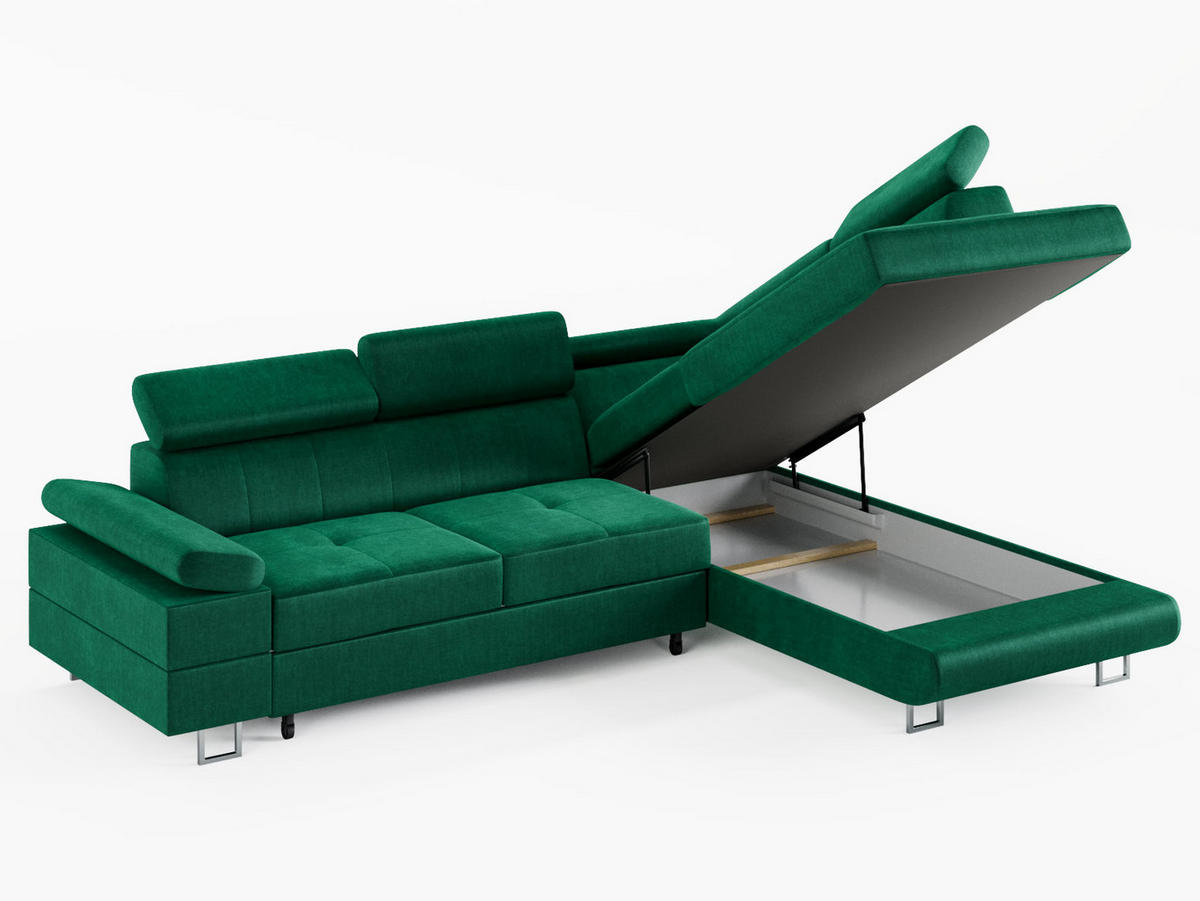 ECKSOFA CAROLINE Rechts Hellgrau Velours-Stoff mit Schlaffunktion und Bettkasten - Chromfarben/Hellgrau, Textil (253/190cm) - Barchello