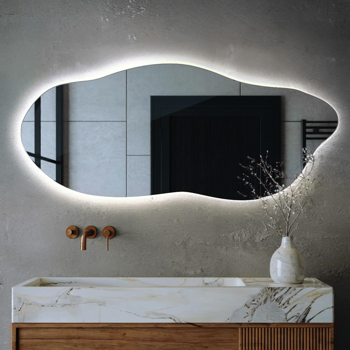 LED SPIEGEL 45x100 cm Asymmetrisch Kaltweiß 6500K - Blaugrau, Glas (45/100/0.4cm) - TULUP