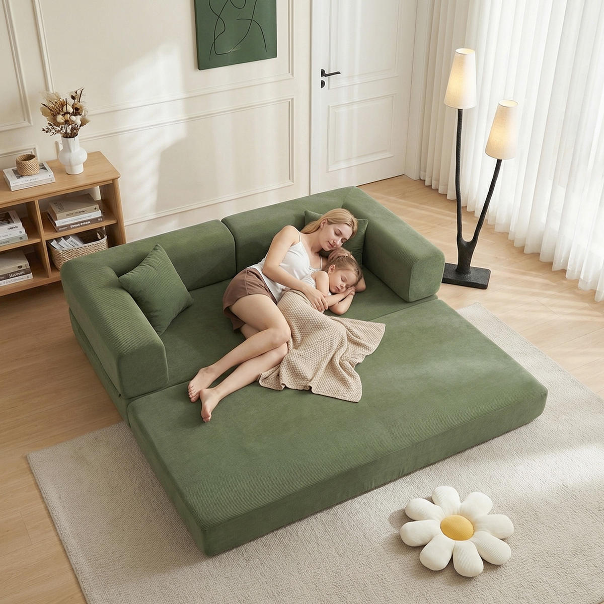 PODNA SOFA s cilindričnim naslonom za leđa, sklopiva, tkanina corduroy - Zelena - zelena, tekstil (100/70/200cm) - KOMHTOM
