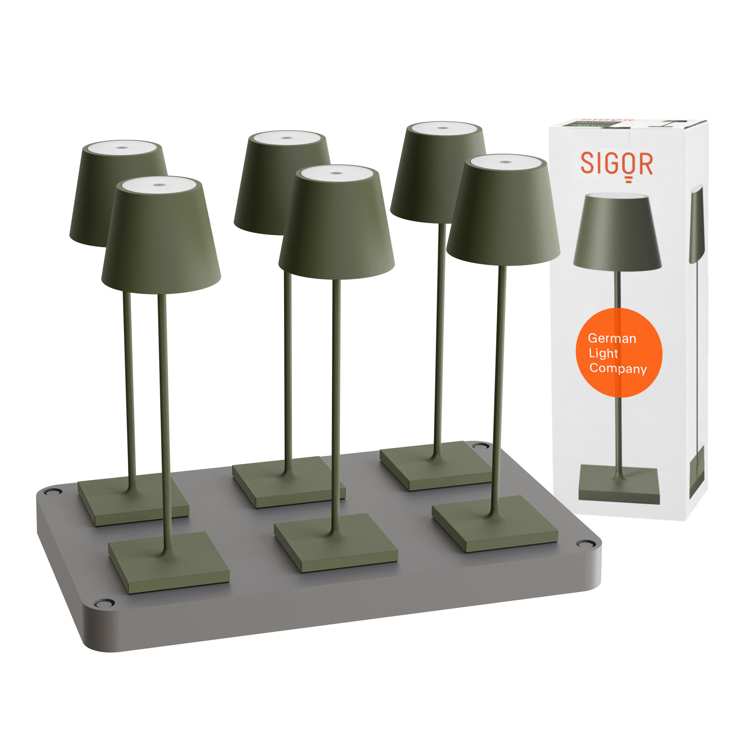 LED Akku-Tischlampe, Nuindie 3.0 6er-Set mit Ladestation, tannengrün - Grün, Metall (38/10/38cm) - Sigor
