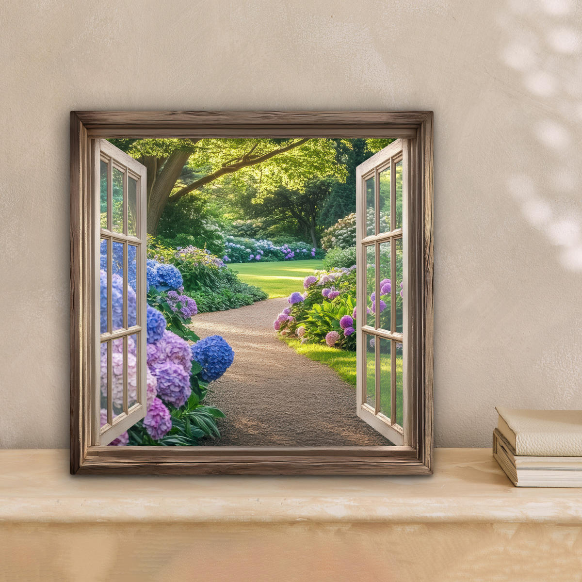 LEINWANDBILD Aussicht - Garten - Fenster - Hortensie - Blumen 20x20 cm - Pastellblau, Textil (20/20cm) - MuchoWow