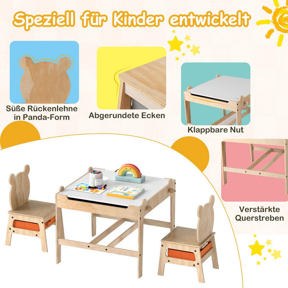 KINDERTISCH mit Stühlen natur(3-tlg) - Naturfarben, Holzwerkstoff (60/52/60cm) - COSTWAY