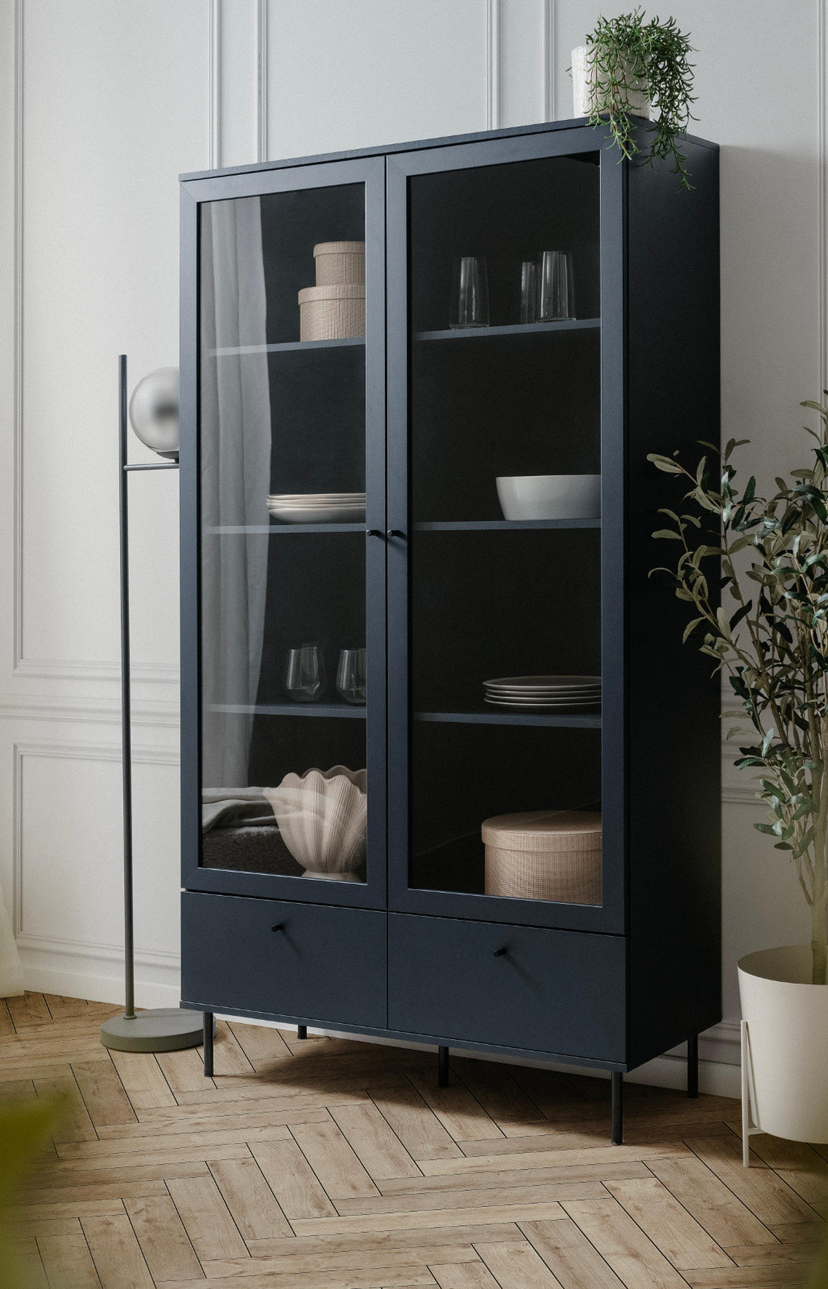 VITRINE blau 100 cm, Vitrinenschrank mit 8 Fächern - Blau/Schwarz, Glas/Holzwerkstoff (100/183/40cm) - Furn.Design
