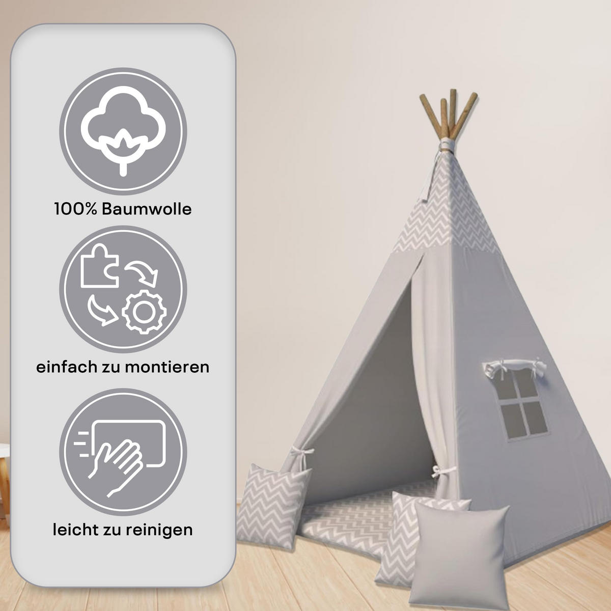 TIPI-ZELT 105 x 105 x 140 cm Zickzack grau mit weichen Kissen | Spielzelt für Kinderzimmer Indoor - Grau, Textil (105/105cm) - Best for Kids