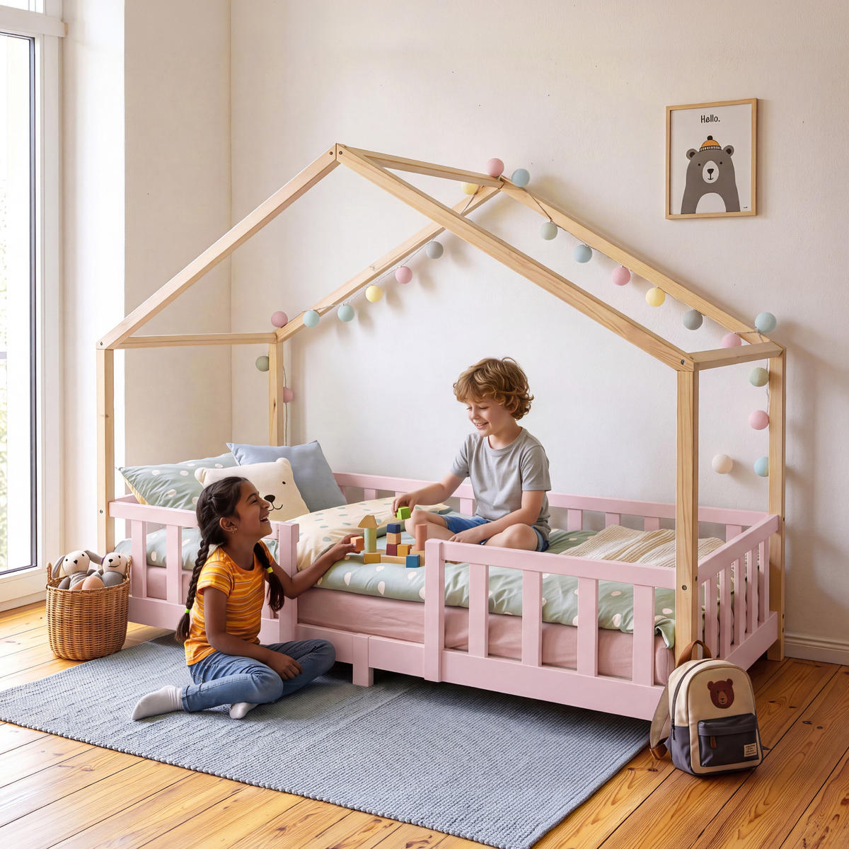 HAUSBETT Treviolo - Pink/Naturfarben, Holz (90/200cm) - [en.casa]