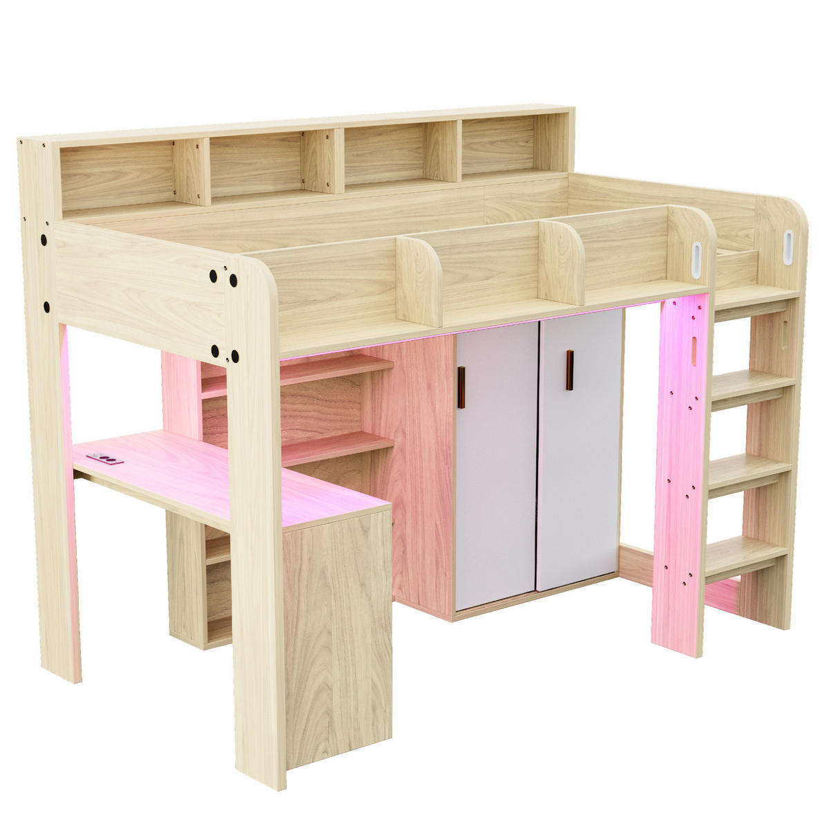 HOCHBETT 90/200 cm mit Schreibtisch, Kleiderschrank, Stauraum, LED-Beleuchtung und Steckdose, Holzfarbe - Naturfarben, Holzwerkstoff (90/200cm) - Redom