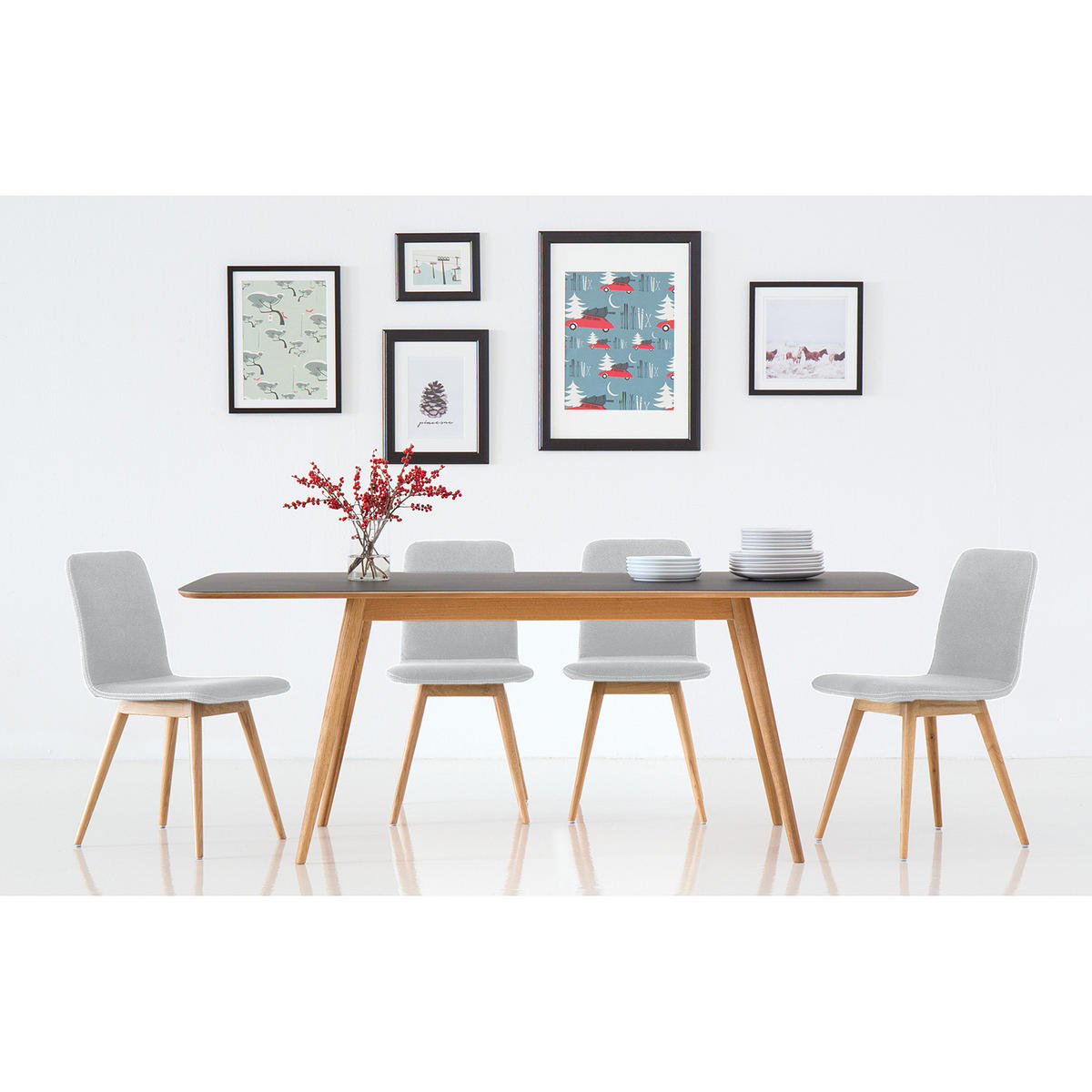 POLSTERSTUHL - Eiche massiv / Echtleder, 2er-Set - Hellgrau, Leder (45/85/60cm) - home24