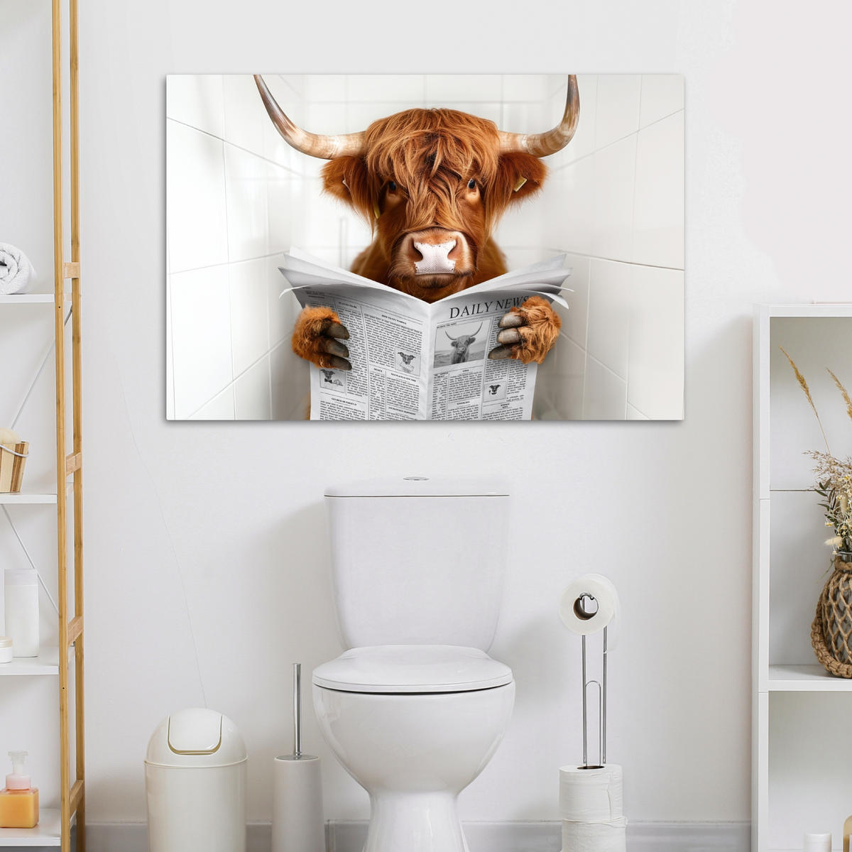 LEINWANDBILD Schottischer Highlander - Tier - Zeitung - Toilette Wohnzimmer 120x80 cm - Kastanienfarben, Textil (120/80cm) - MuchoWow