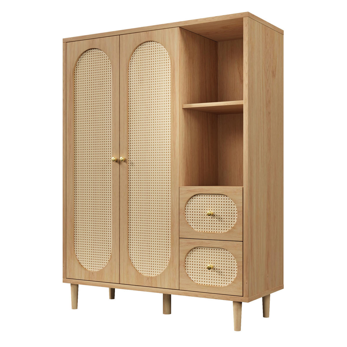 KLEIDERSCHRANK in Eichenoptik mit Rattan-Dekor, offenen Regalen und 2 Schubladen - Eichefarben, Holz (120/161/44cm) - Urban Meuble