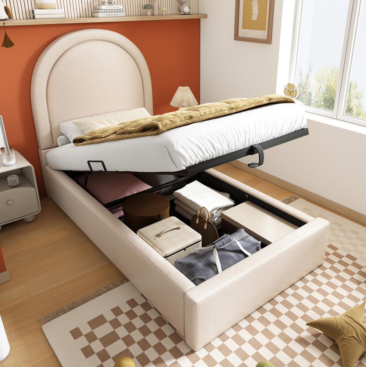 KINDERBETT 90/200 cm Beige aus PU mit Stauraum und hydraulischem Lattenrost - Beige, Kunststoff (90/200cm) - Flora Grace