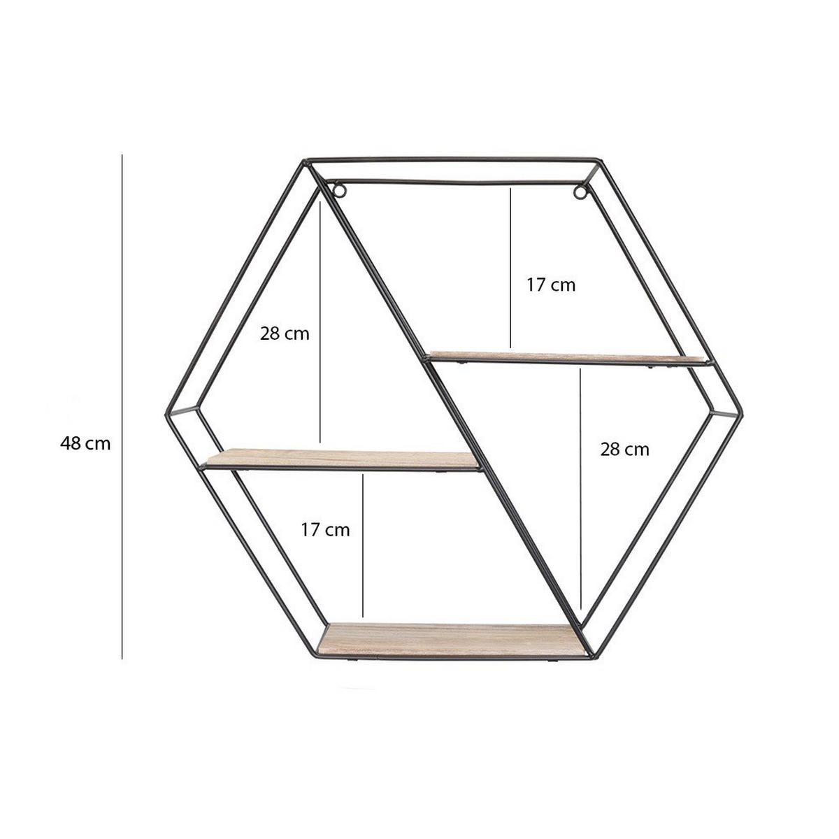 WANDREGAL Schwarzes Metall mit 3 Holzböden - Hexagon diagonal - Schwarz, Metall (55/55/48cm) - IVOL