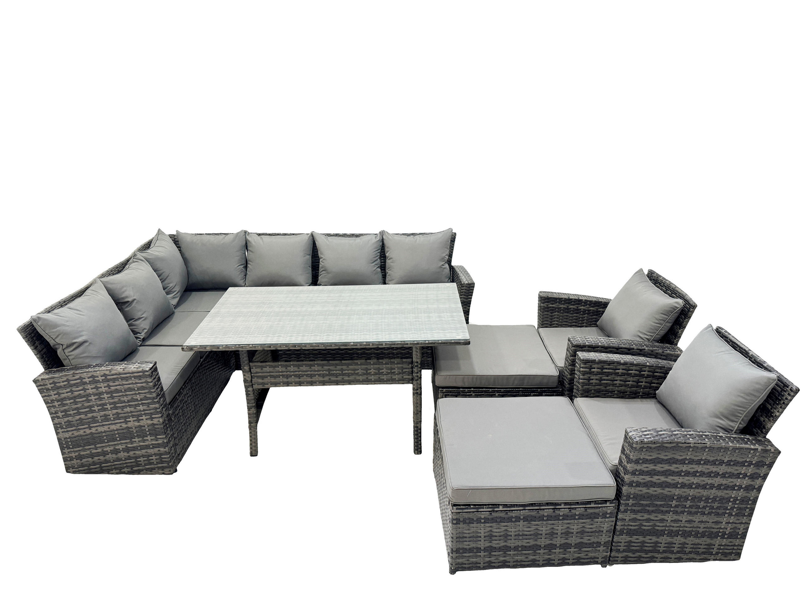 LOUNGEMÖBEL-SETS mit Esstisch Sofa Polyrattan Dunkelgrau 10-Sitzer - Dunkelgrau/Grau, Glas/Kunststoff - Fimous