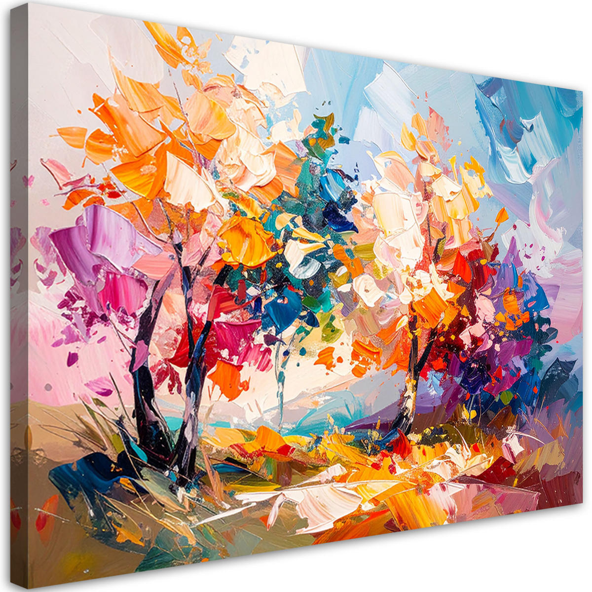 LEINWANDBILD Bunte Landschaft Bäume Wald Ölfarbe-Imitation 120x80cm - Multicolor, Textil (120/80cm) - Feeby