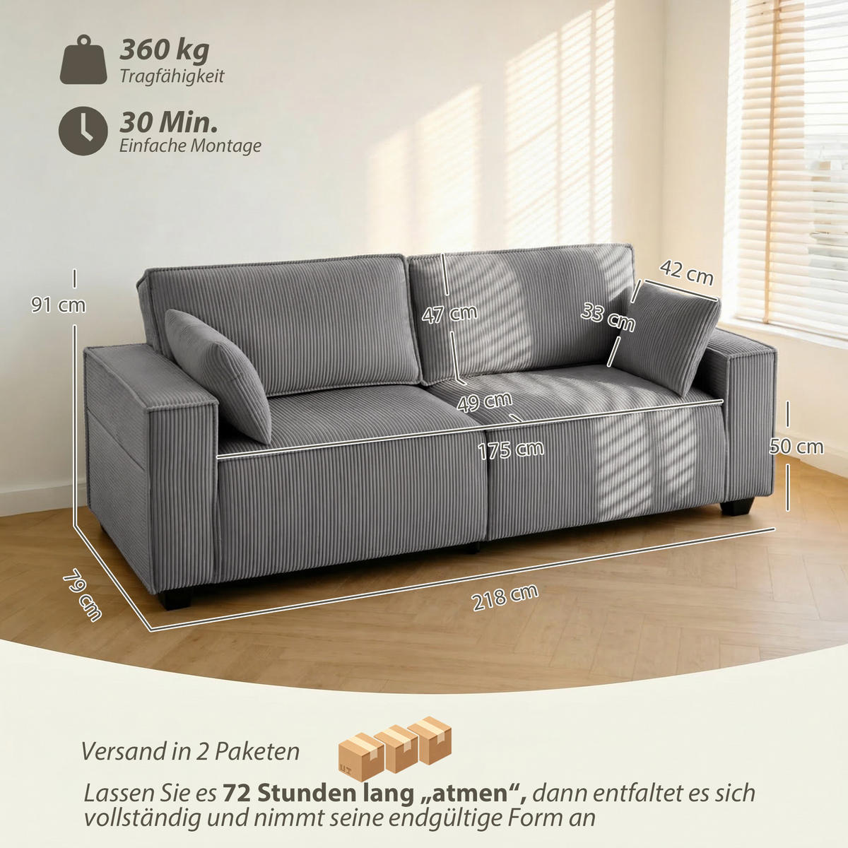 SOFA 3-Sitzer aus Polyester Hellgrau - Hellgrau/Schwarz, Holzwerkstoff/Kunststoff (79/91/218cm) - HOMCOM