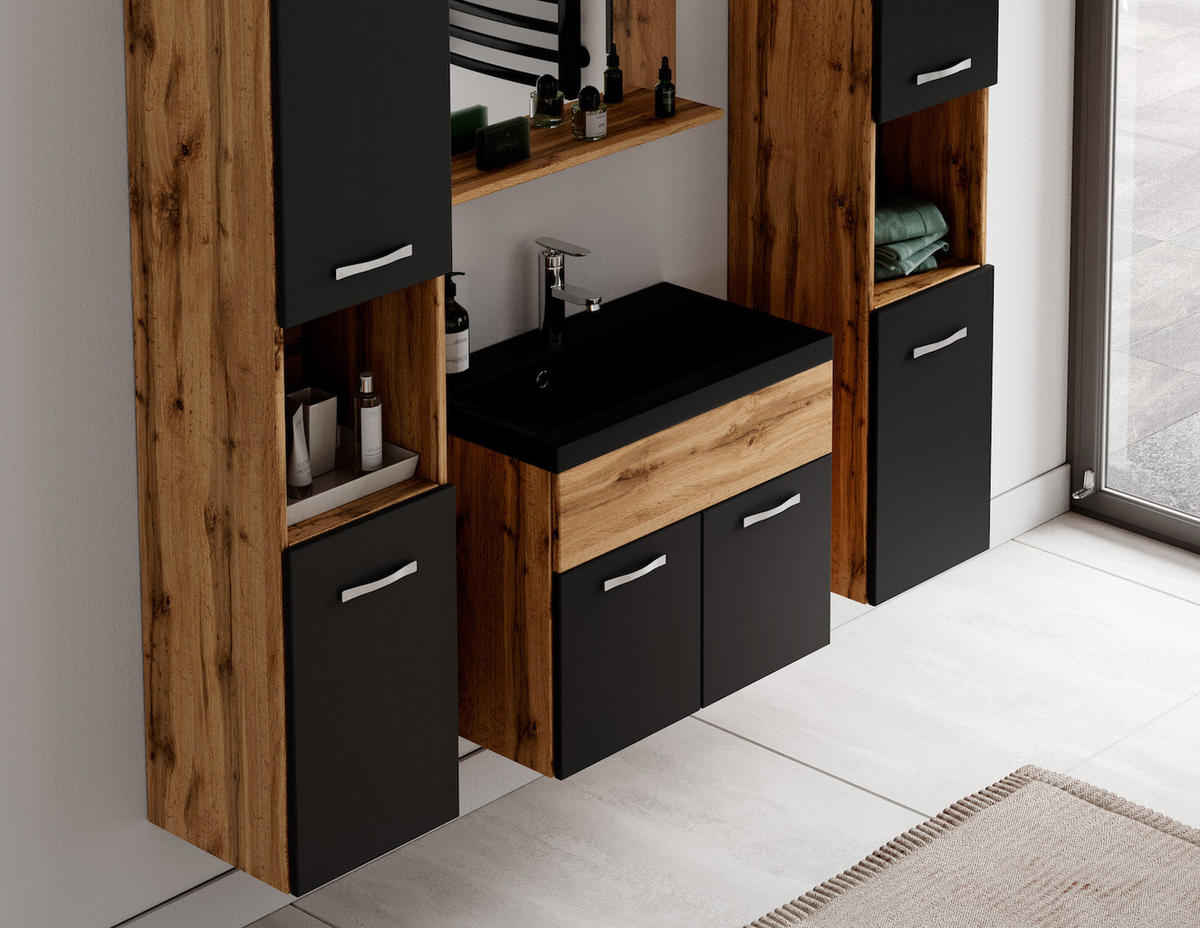 BADMÖBEL-SET Montreal 5 Teile Eiche / Schwarz - Schwarze Waschbecken - 60 x 35 x 51 cm - Eichefarben/Schwarz, Holz (60/51/35cm) - Badplaats