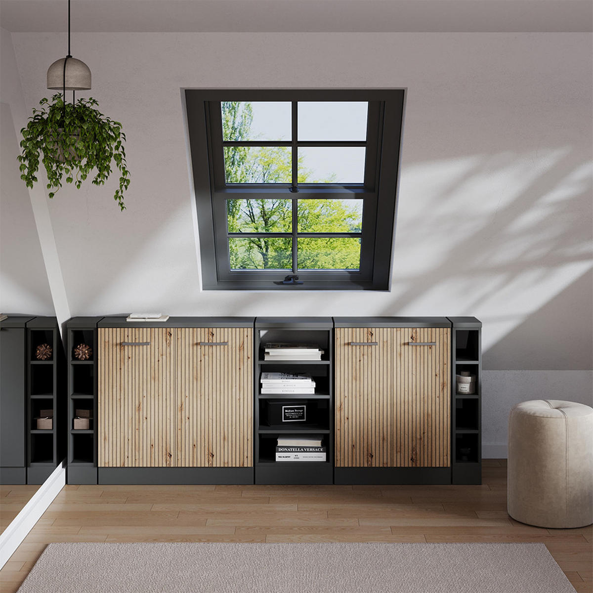 ŠATNÍ SESTAVA PRO ŠIKMÉ STŘECHY Rion Řemeslný dub 210 cm Sada 5 korpusů skříně hloubka 60 cm - antracitová/dub artisan, kompozitní dřevo (210/83.8/60cm) - Vicco